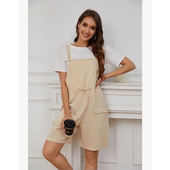 NEW Khaki Short Overalls Loose Adjustable Strap Romper Pockets M - Picture 5 of 7